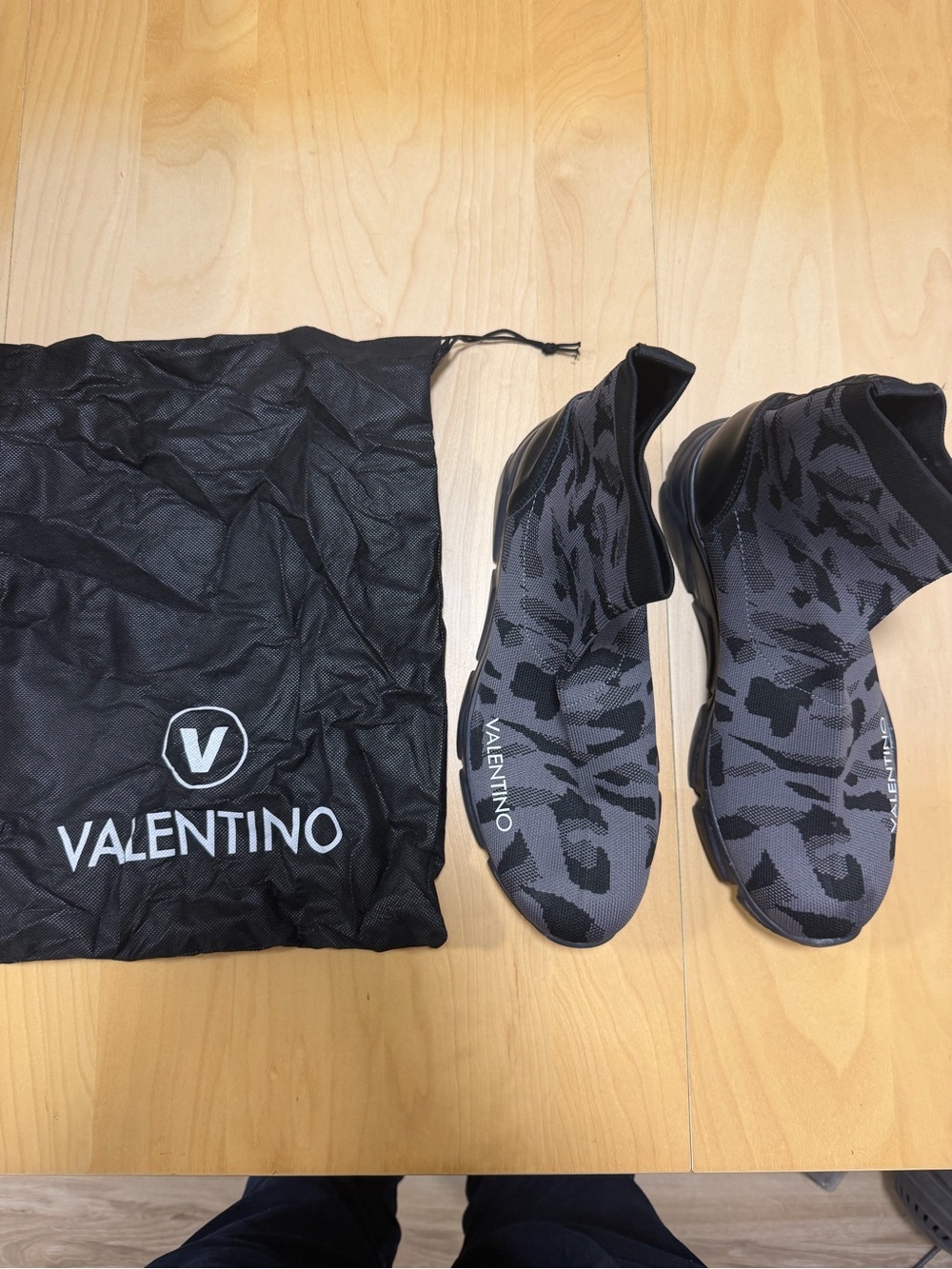 Valentino Men’s Black and Gray Camouflage Knit Slip-On Sneakers